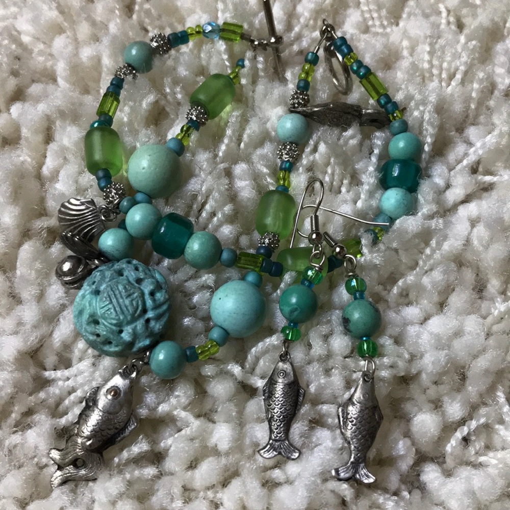 Turquoise & Glass Bead Chinese Silver Bracelet Set - Picture 2 of 9